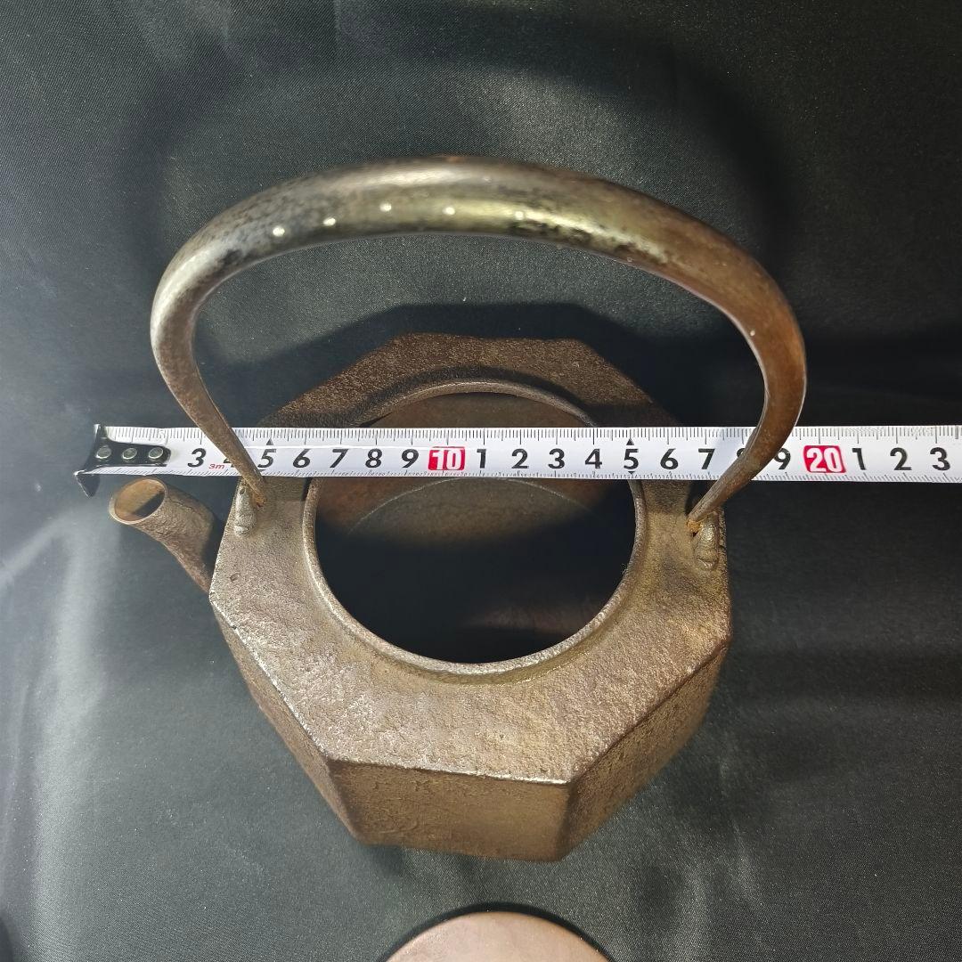 茶道具 南部鉄器 面取り鉄瓶 近江八景文 紫銅蓋 銀象嵌取手 明治骨董