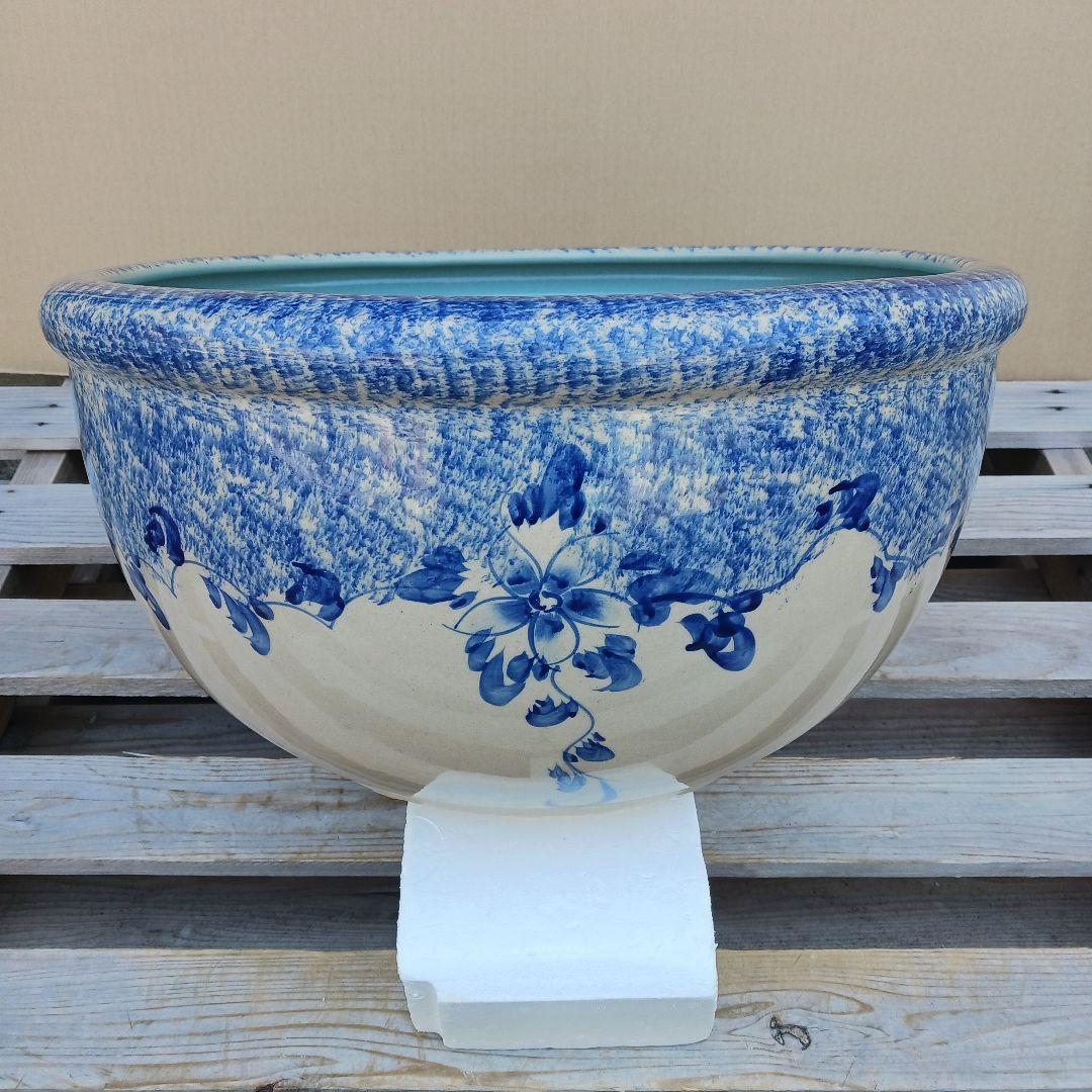 新品∅50陶器睡蓮鉢特大難有メダカ鉢手書き絵花柄手造LFB1