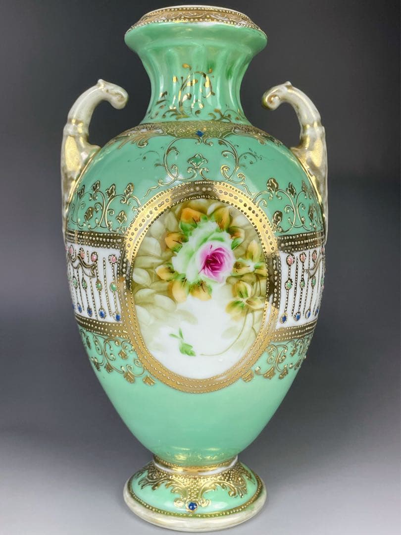大型】オールドノリタケ 26㎝ アールヌーボー 薔薇紋花瓶 ジュエル