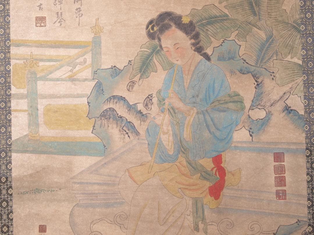 骨董掛け軸】遊春図 中国张萱 唐時代 肉筆保證 掛け軸AK688A12-2