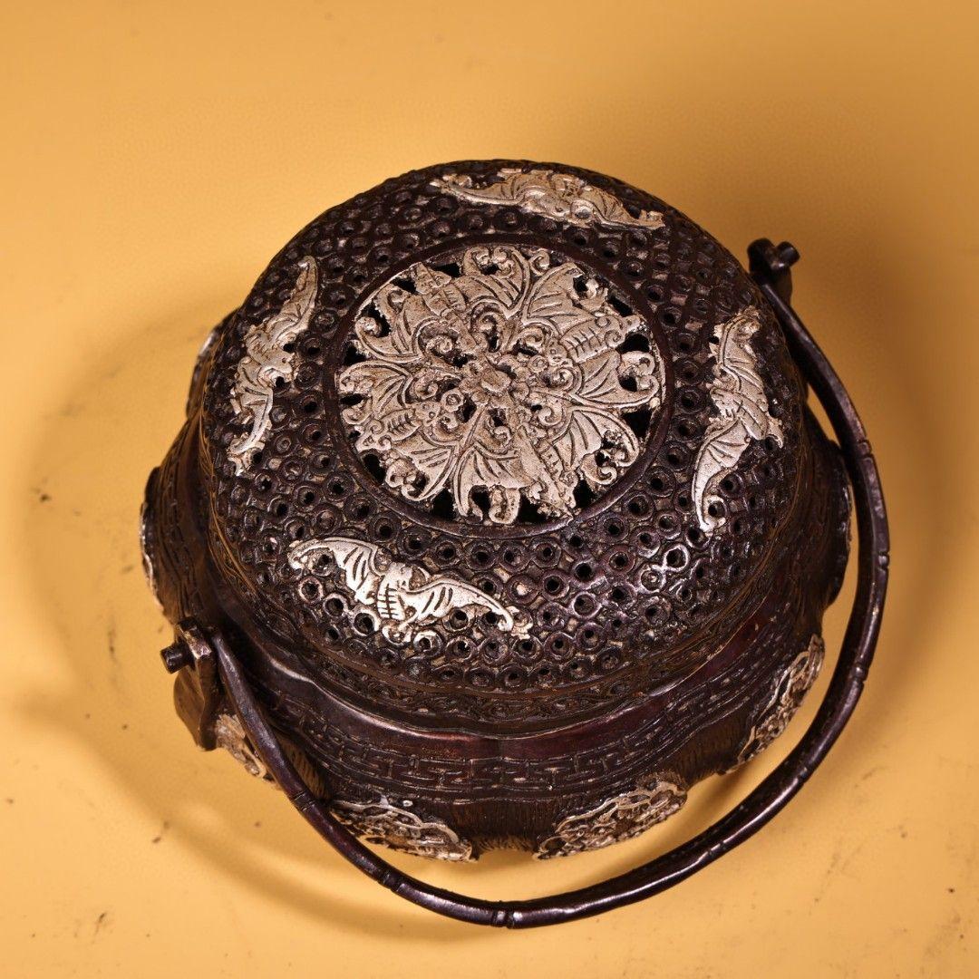 銅 細工 高浮彫鏨刻銀温手炉 香炉 提梁炉 香道具 装飾品 工芸品 置物