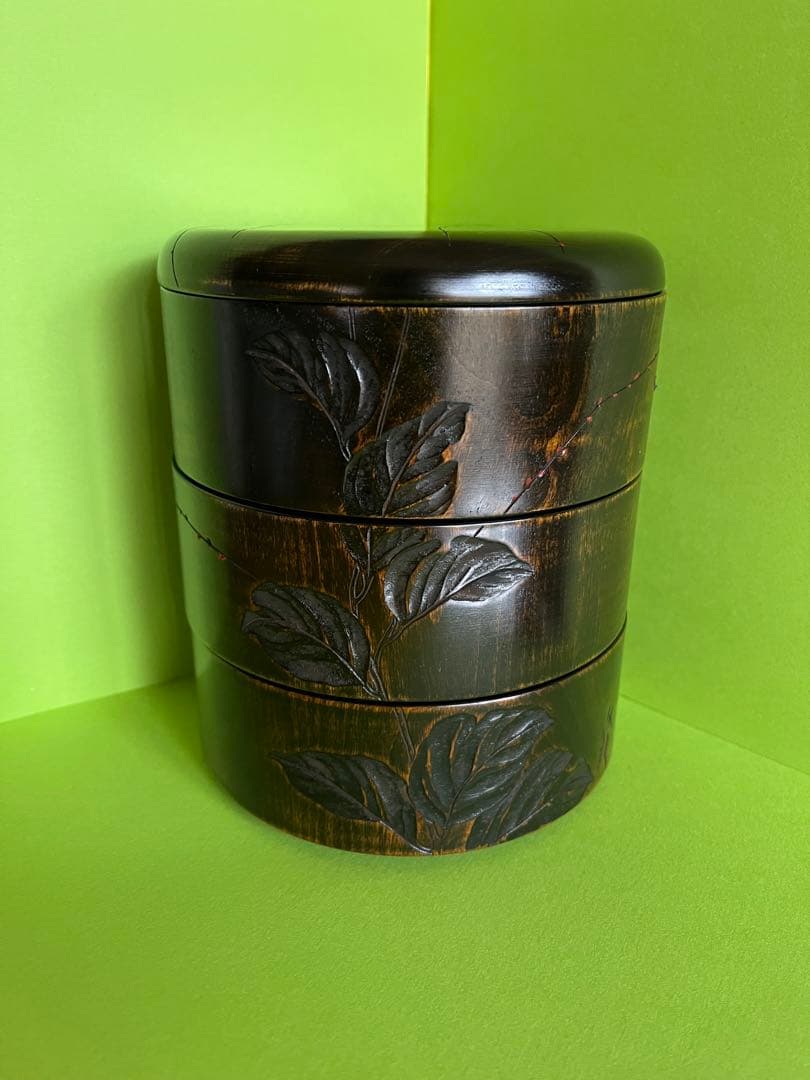 川添日記 重箱 草木彫 漆器