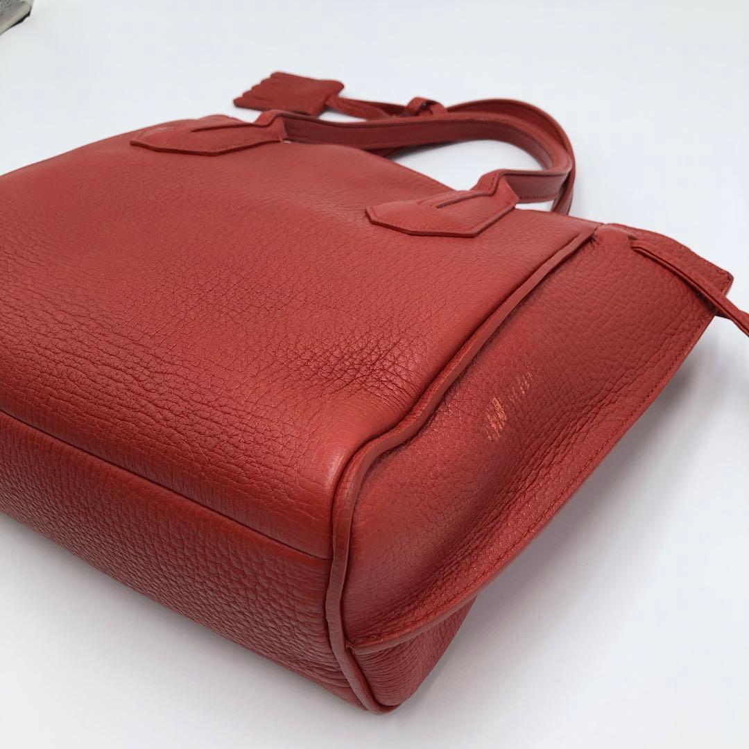 美品 ロンシャン ペネロペ シボ革 ハンドバッグ レザー 濃いオレンジ系