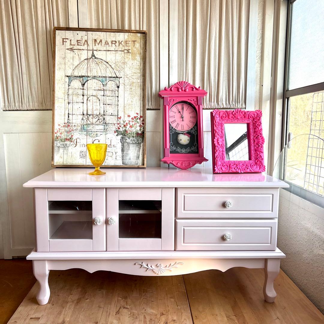 ピンクのテレビボード フェミニン プリンセス系 幅90cm ロココ調 テレビ台
