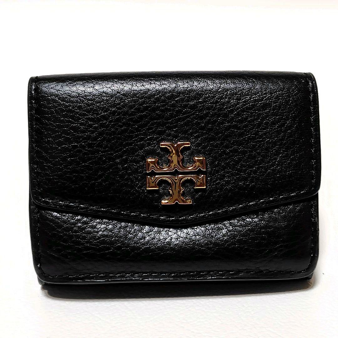 美品✨　トリーバーチ　3つ折り財布　黒　シボ革　金具ロゴ　シンプル