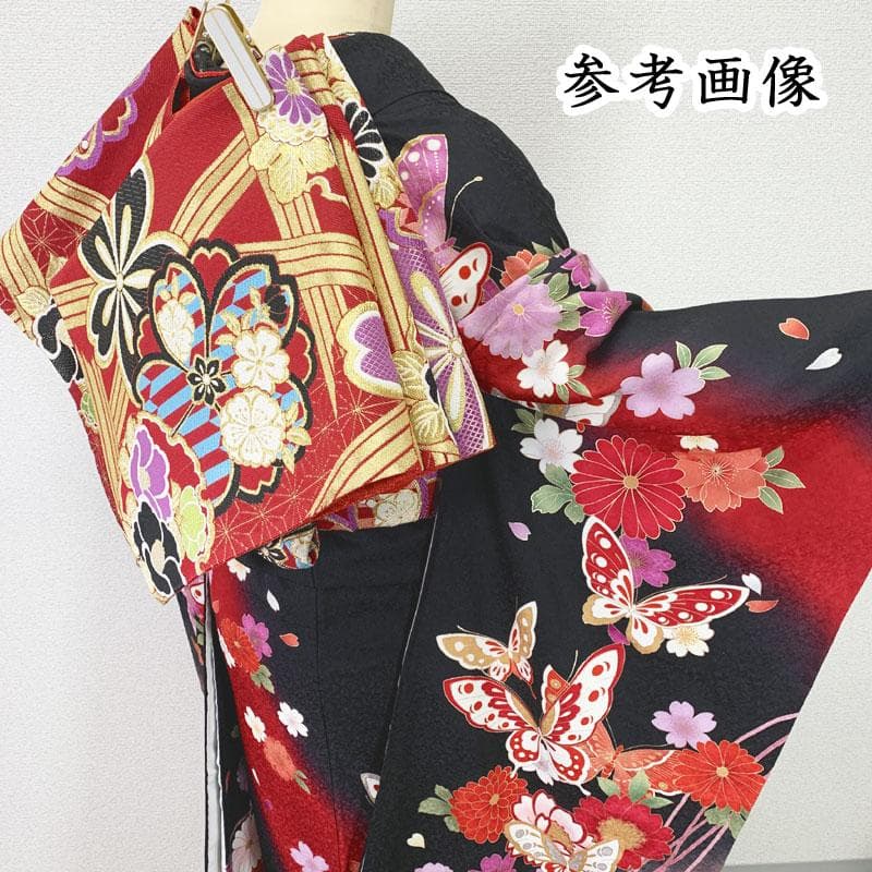 507z52, レース半衿☆人気！振袖 古典柄 金彩 地紋 蝶 赤×黒☆