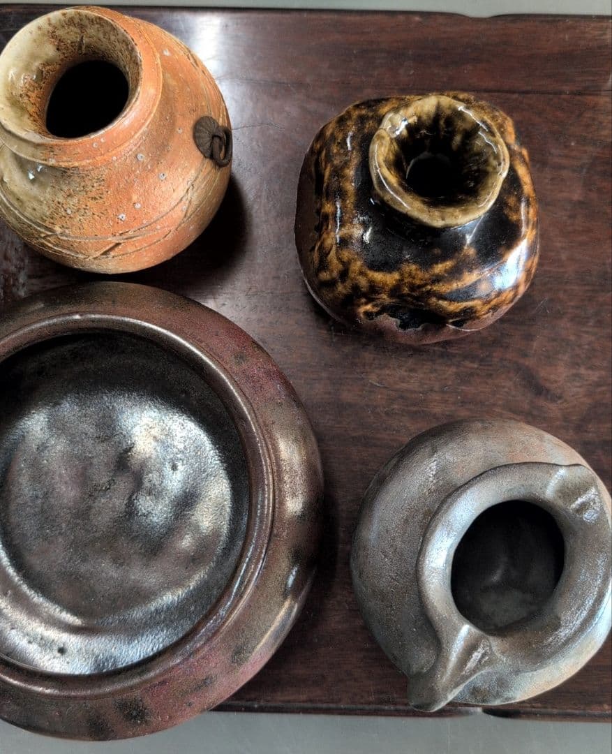 作家銘あり 花器 花瓶 4点セット 備前焼風 壺 一輪挿し 陶器