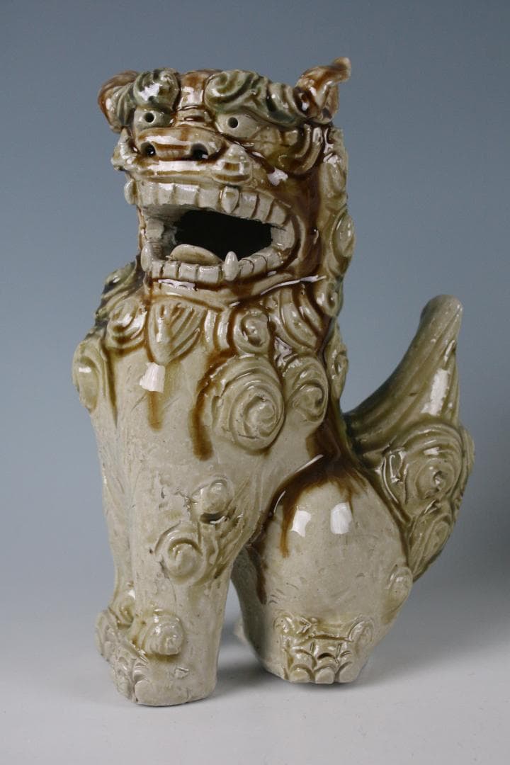 金城敏徳 作 緑釉立シーサー（特大）1対 人間国宝一門 金城敏徳 作