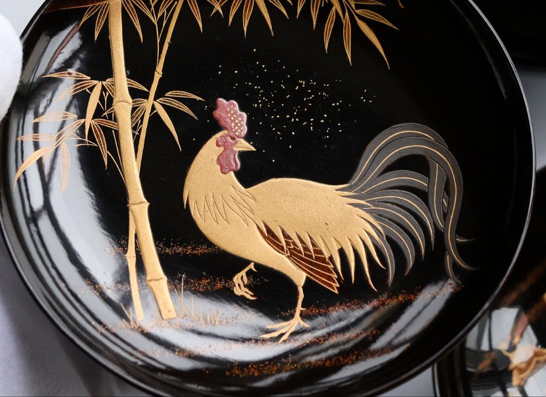 【CM354】時代蒔絵椀 竹に鶏金蒔絵 平椀五客 木製 /(検) 輪島塗加賀能登