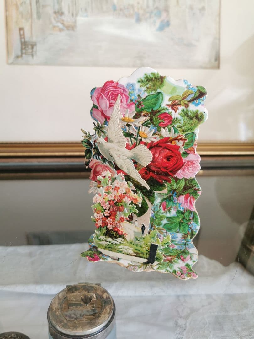 アンティークフランス 立体３層カードカニヴェ 聖体式記念 3D薔薇鳩バード勿忘草