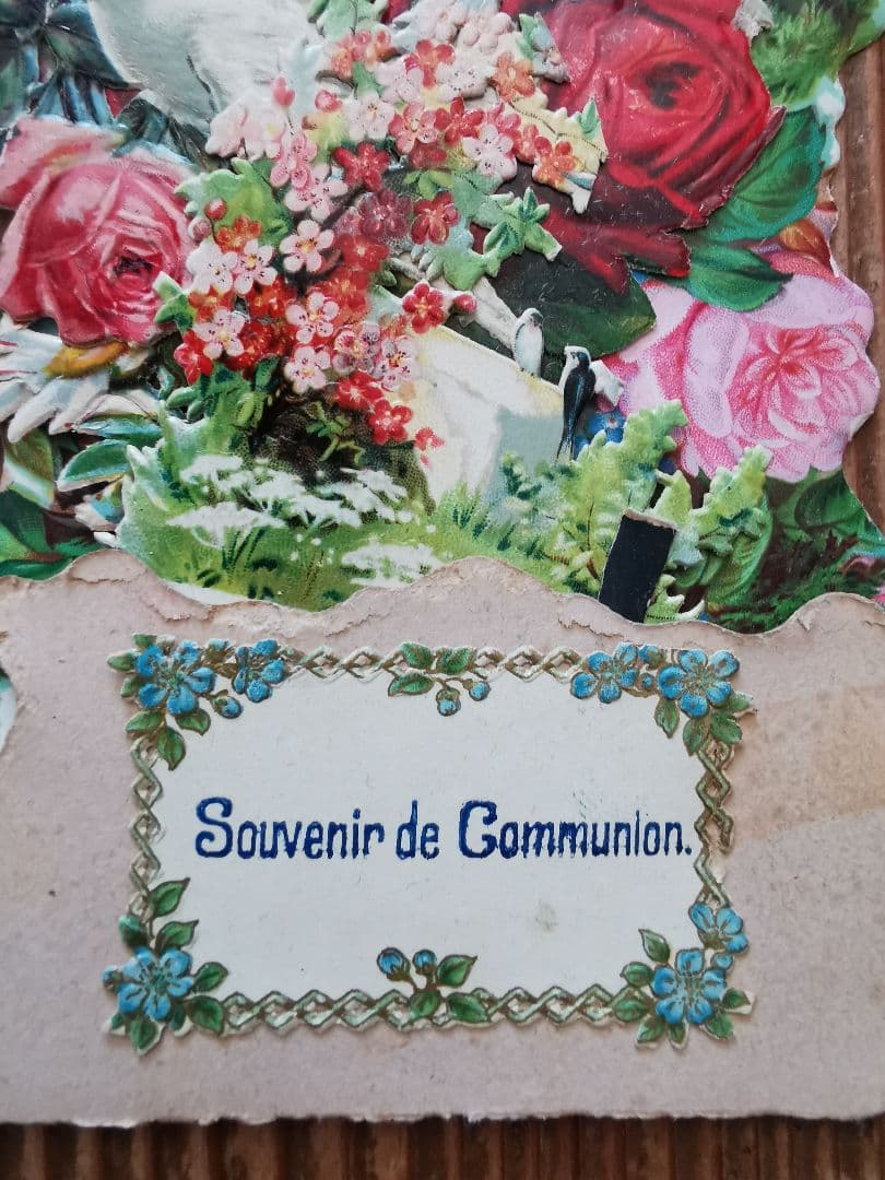 アンティークフランス 立体３層カードカニヴェ 聖体式記念 3D薔薇鳩バード勿忘草