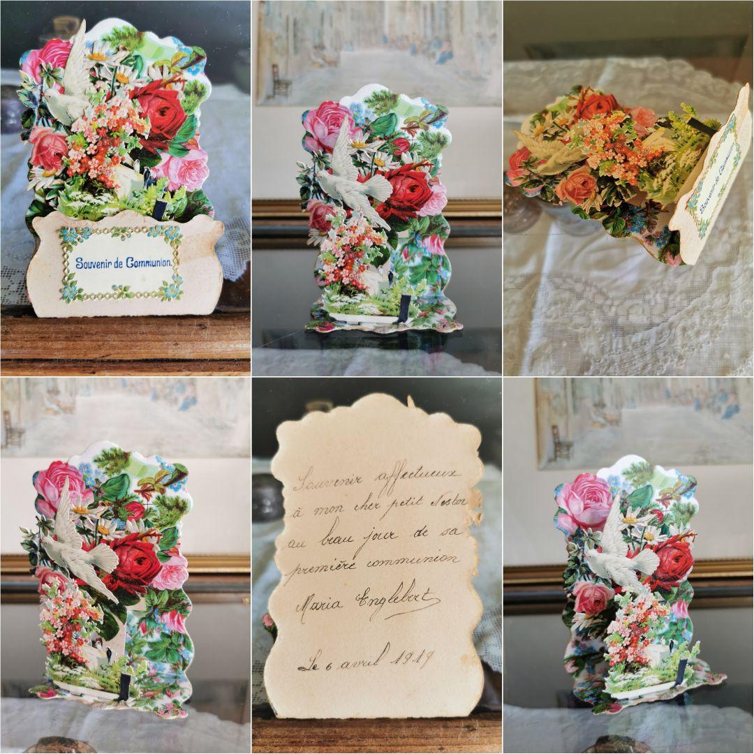 アンティークフランス 立体３層カードカニヴェ 聖体式記念 3D薔薇鳩バード勿忘草