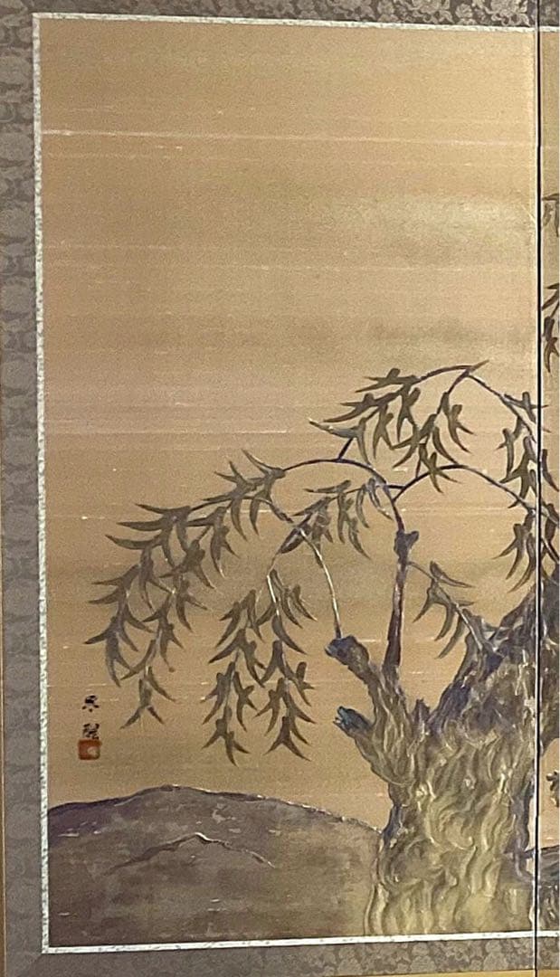 四つ折り屏風 日本画 金箔彩色 『柳に鷺』 - メルカリ