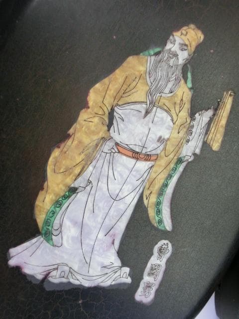 硯□曹國舅図端渓古硯 檀木箱付 萬戸管弦歌盛世 老坑 螺鈿象嵌八仙曹国
