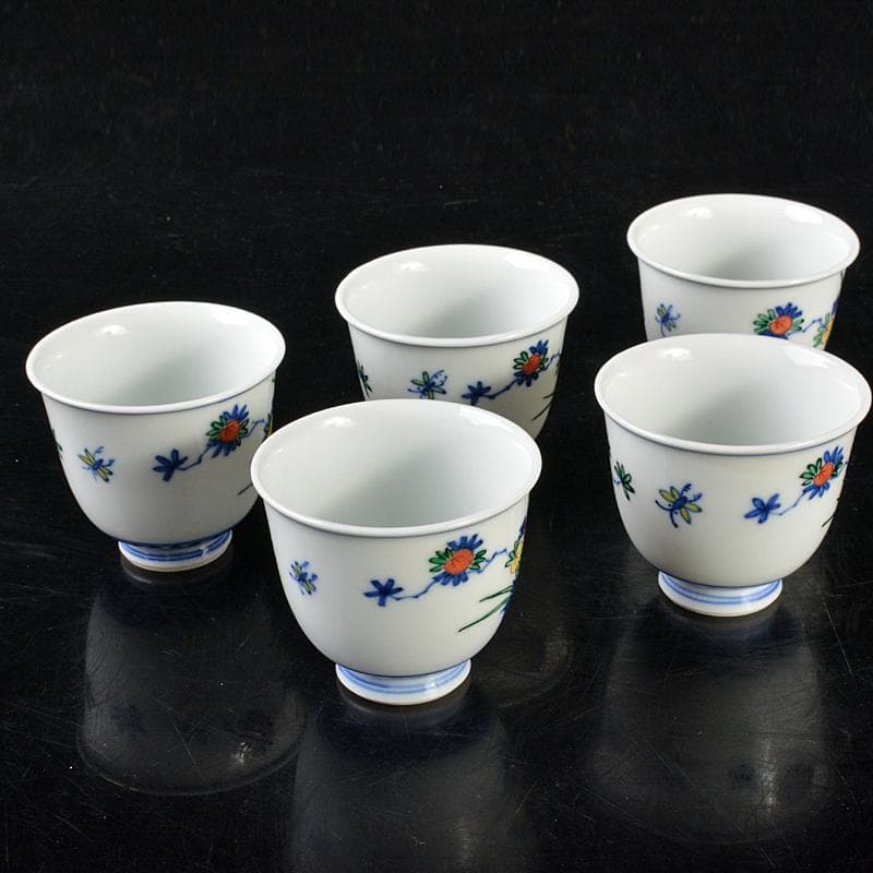 煎茶道具渋草焼芳国造染付赤絵花鳥文煎茶碗五客共箱DR6417