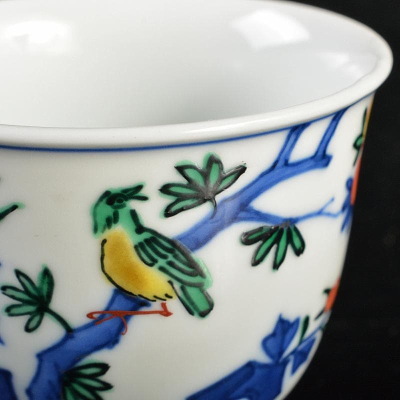 煎茶道具渋草焼芳国造染付赤絵花鳥文煎茶碗五客共箱DR6417