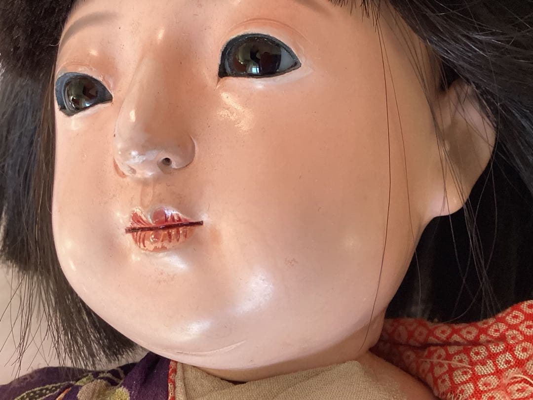 ヴィンテージ市松人形 徳光斎 約40cm 花柄着物 吹子付き 人毛 ガラス眼