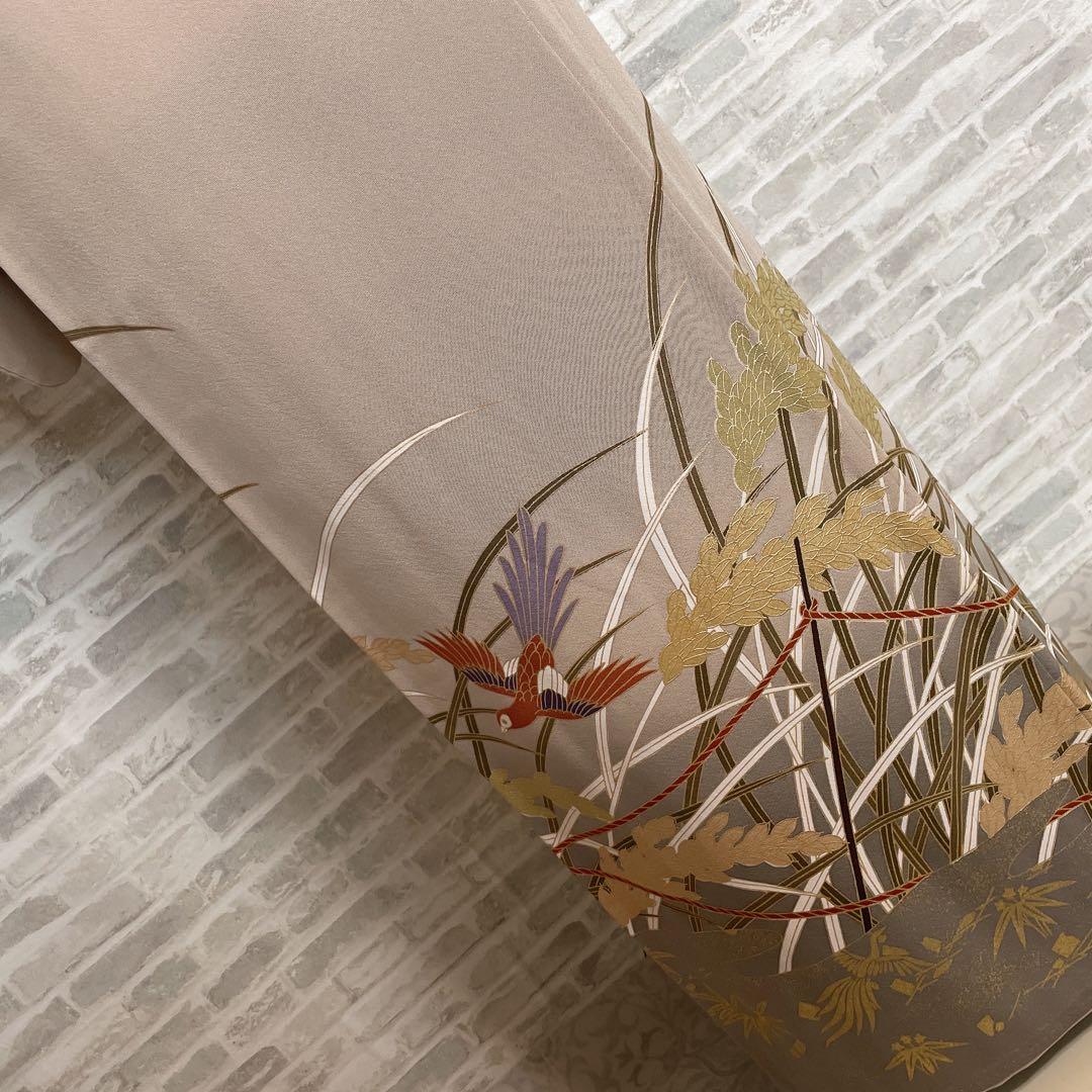 色留袖 フルセット 稲穂 鳥 丸に三つ柏 金駒 金彩 五つ紋 比翼仕立て