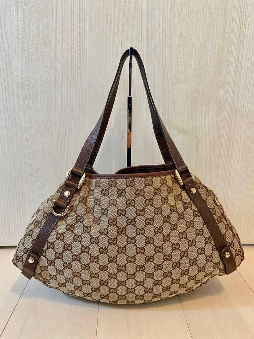 GUCCI トートバッグ GG柄 キャンバス アビーライン レザー スタッズ