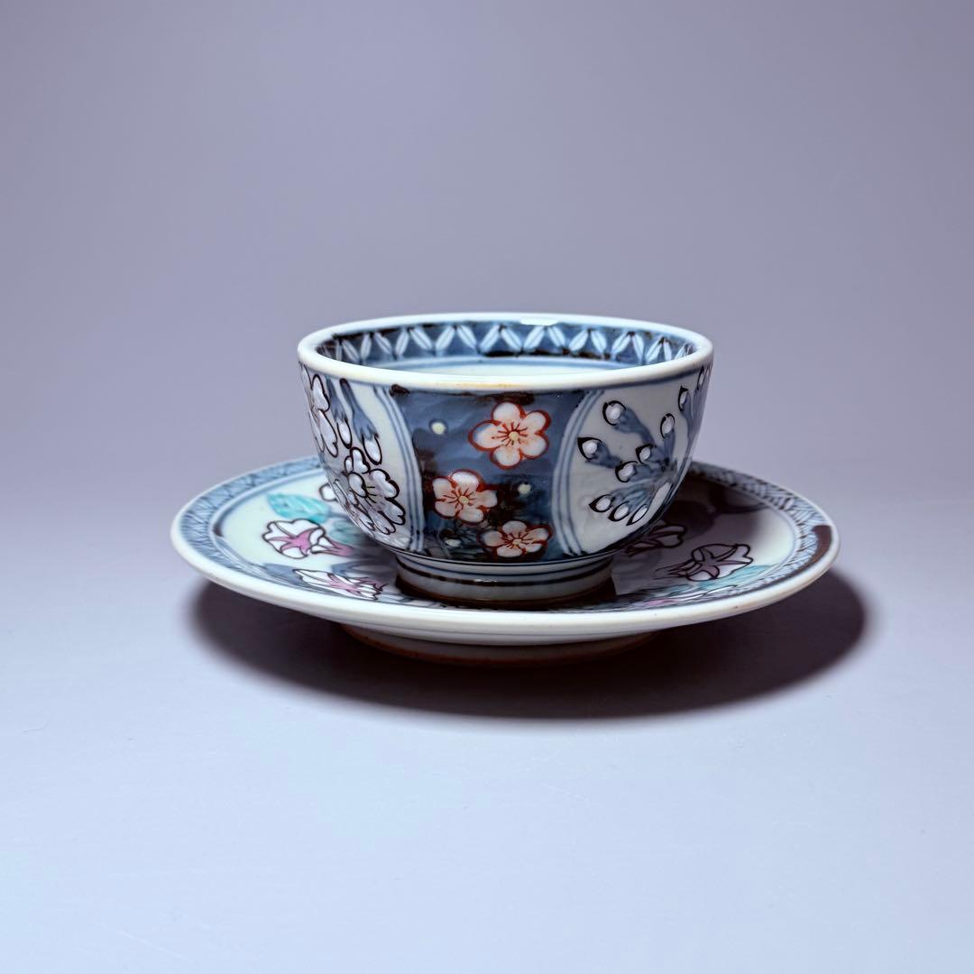 五代 佐藤走波 七十五才 染錦桜と朝顔文カップ＆ソーサー コレクター放