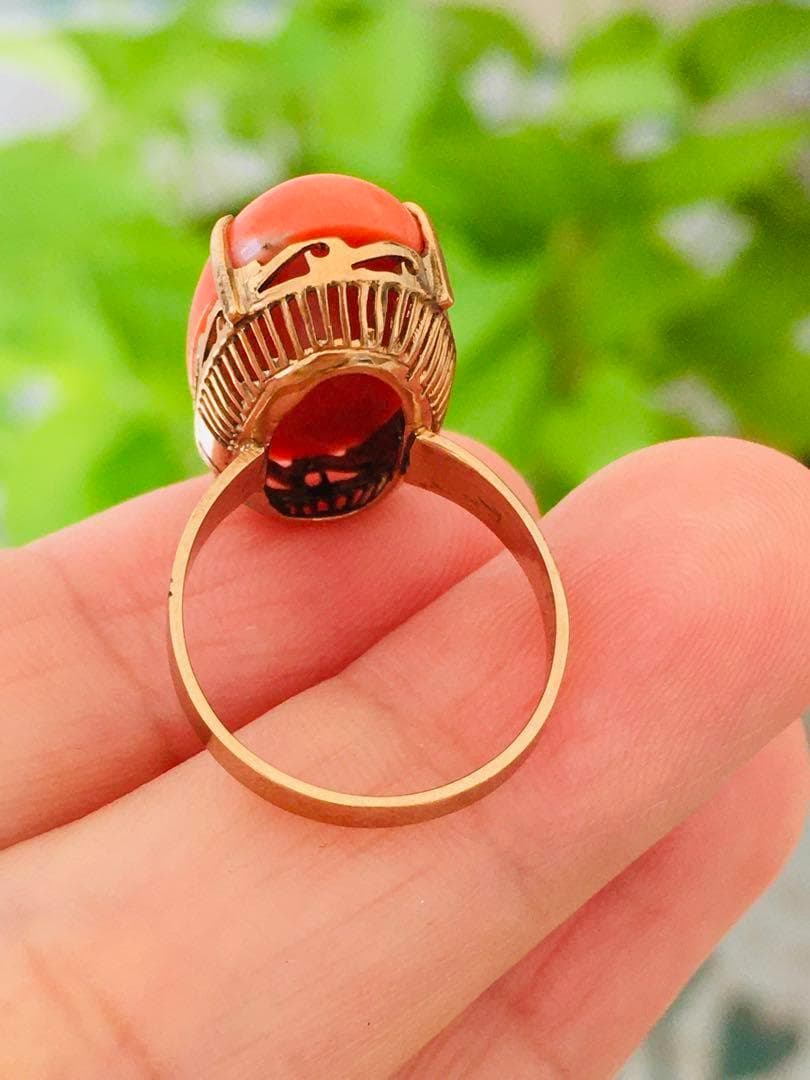 専用アンティークK14YG珊瑚サンゴリング ミルグレインに手彫り 色の