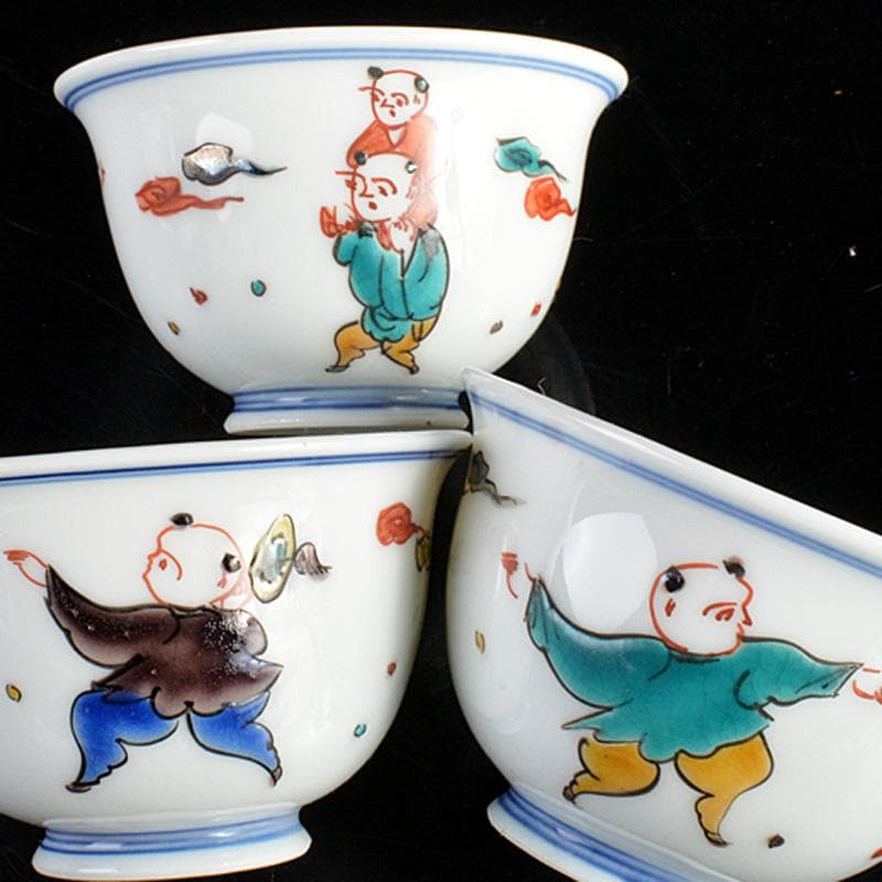 九谷焼 堀江青光造 色絵唐子文 波出茶碗 数茶碗 10客 共箱