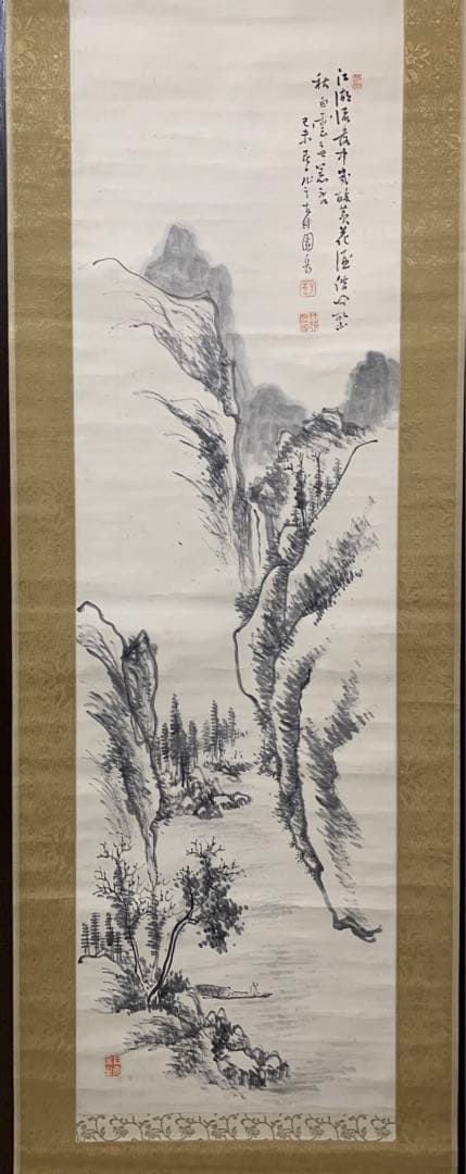②⑧ 中国？漢詩山水水墨画掛軸　署名捺印有り　作者不明