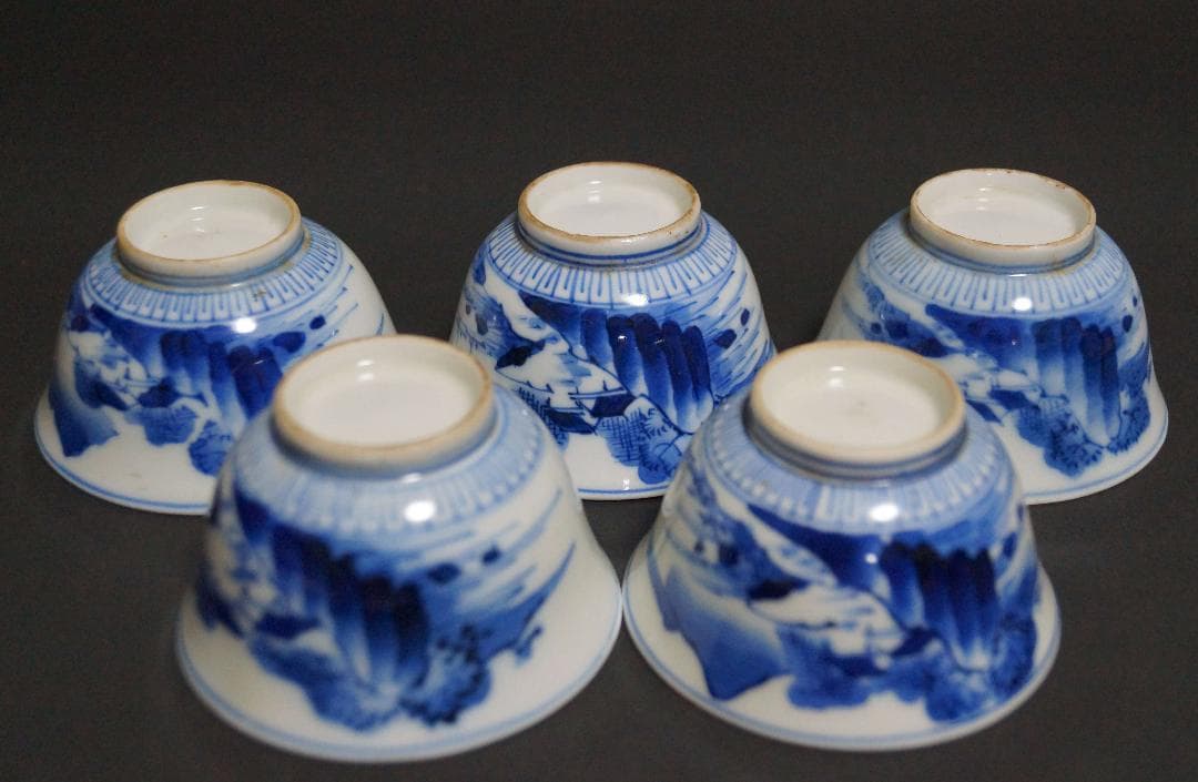煎茶道具 古染付『鳥花図』煎茶碗五客セット/ 煎茶道具☆時代物☆4D0302