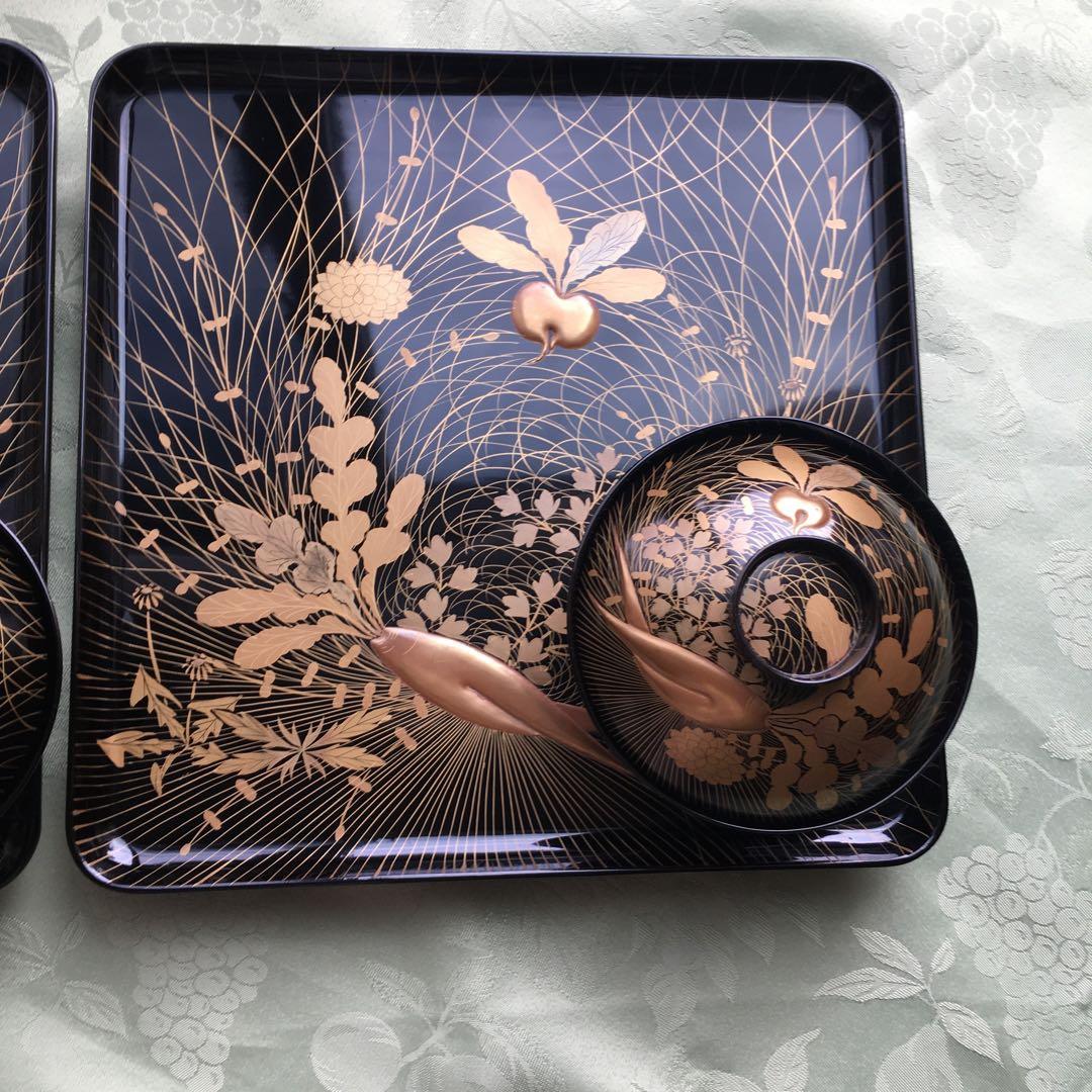 逸品! 極上春の七草蒔絵の四方脚付膳 蓋付碗 各2客