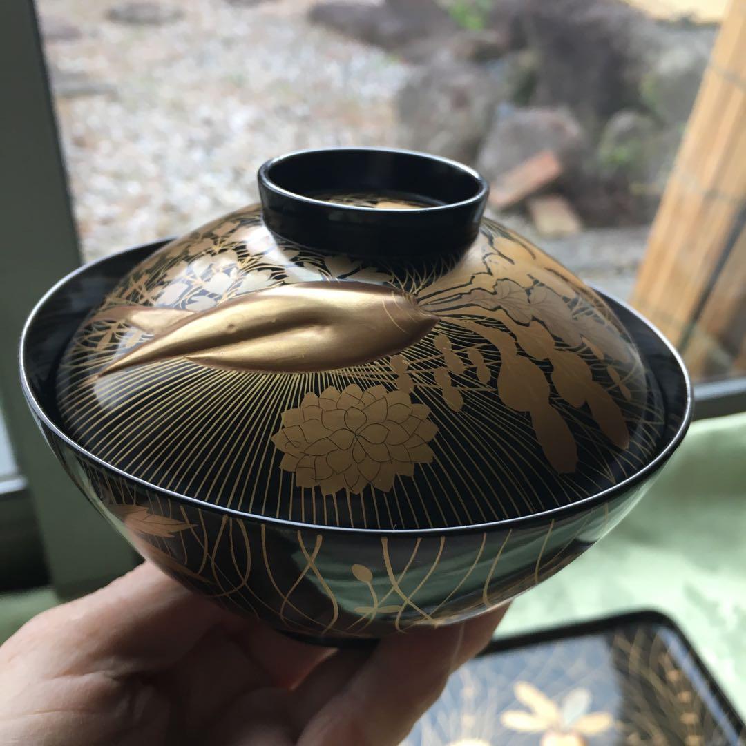 逸品! 極上春の七草蒔絵の四方脚付膳 蓋付碗 各2客