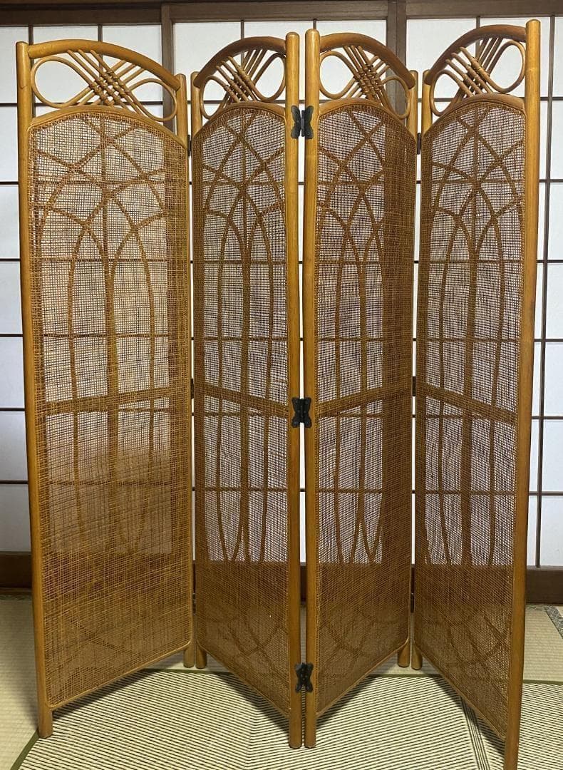 昭和レトロ☆凝ったデザイン ラタン4連パーテーション レトロな雰囲気