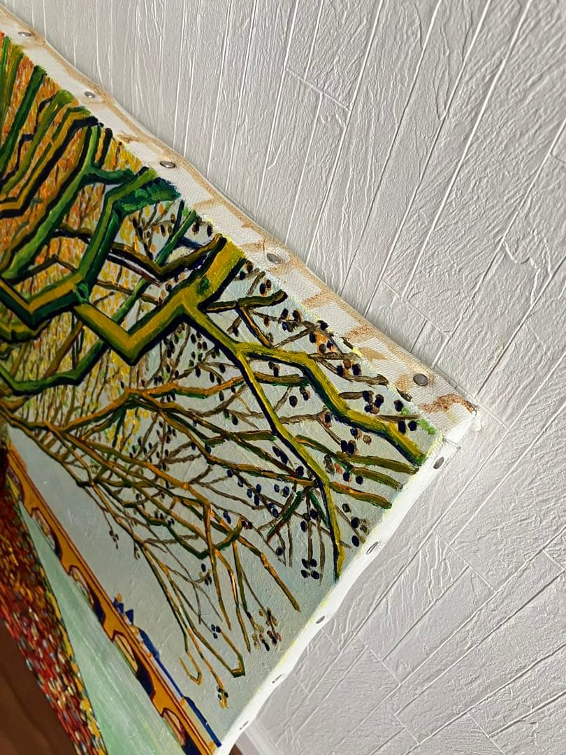 絵画 油絵 風景画 川沿いの並木道 F12