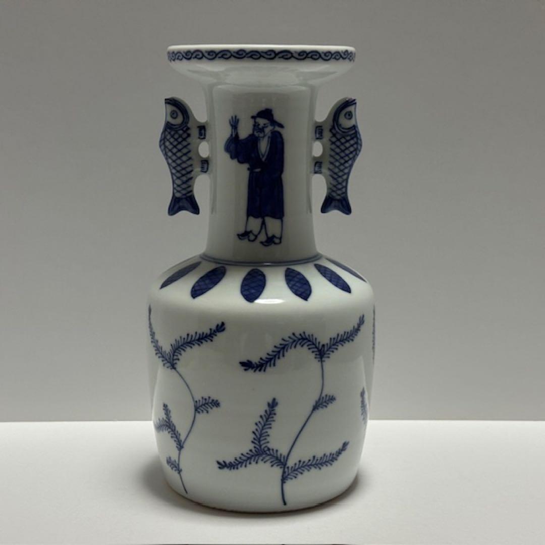 茶道具 四代 三浦竹泉 青華高砂花瓶 染付 花入 共箱 茶道