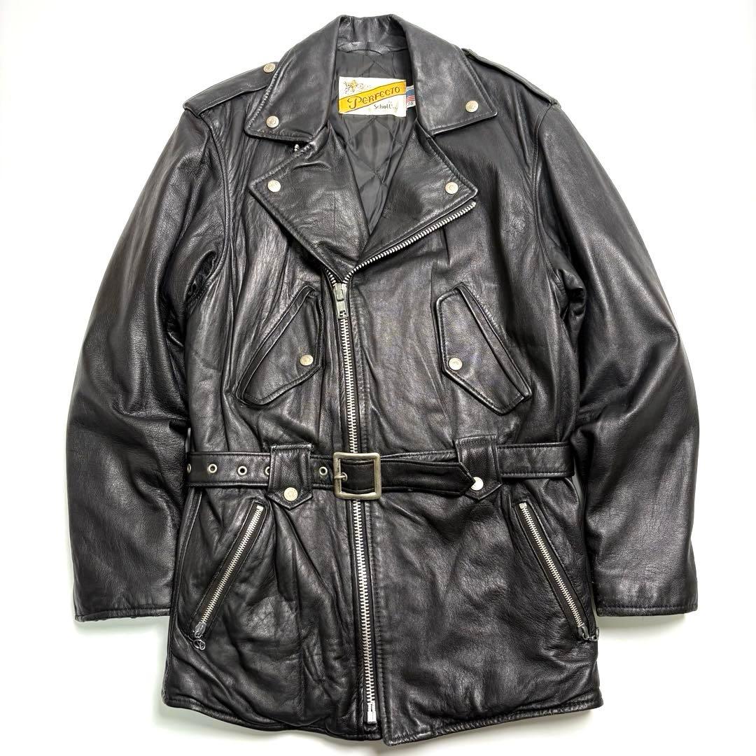 米国製】Schott レザー ライダースジャケット ロング 黒 36 ダブル