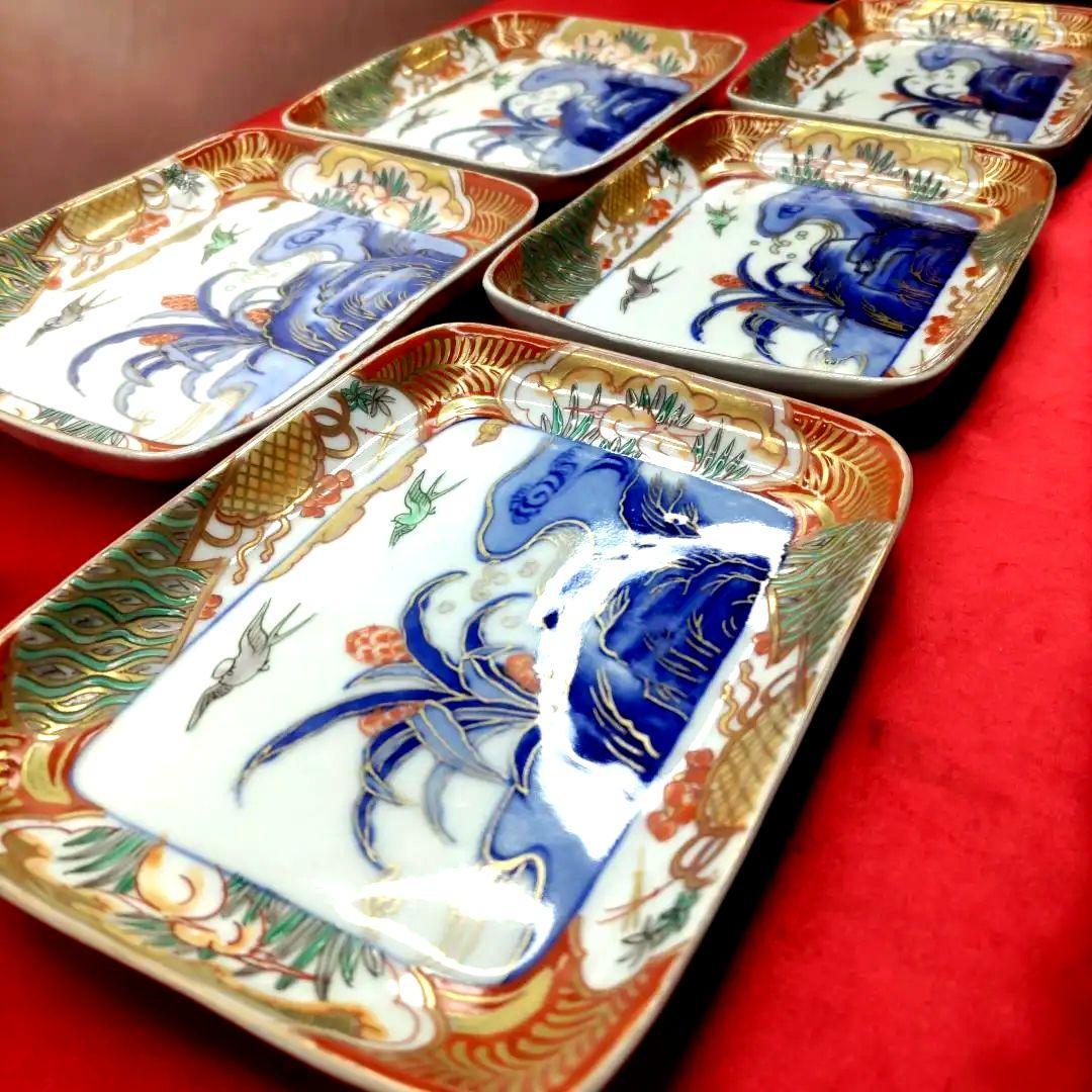 有田焼 伊万里焼 古伊万里 金彩 色絵 小皿 角皿 長角皿 刺し身皿5客