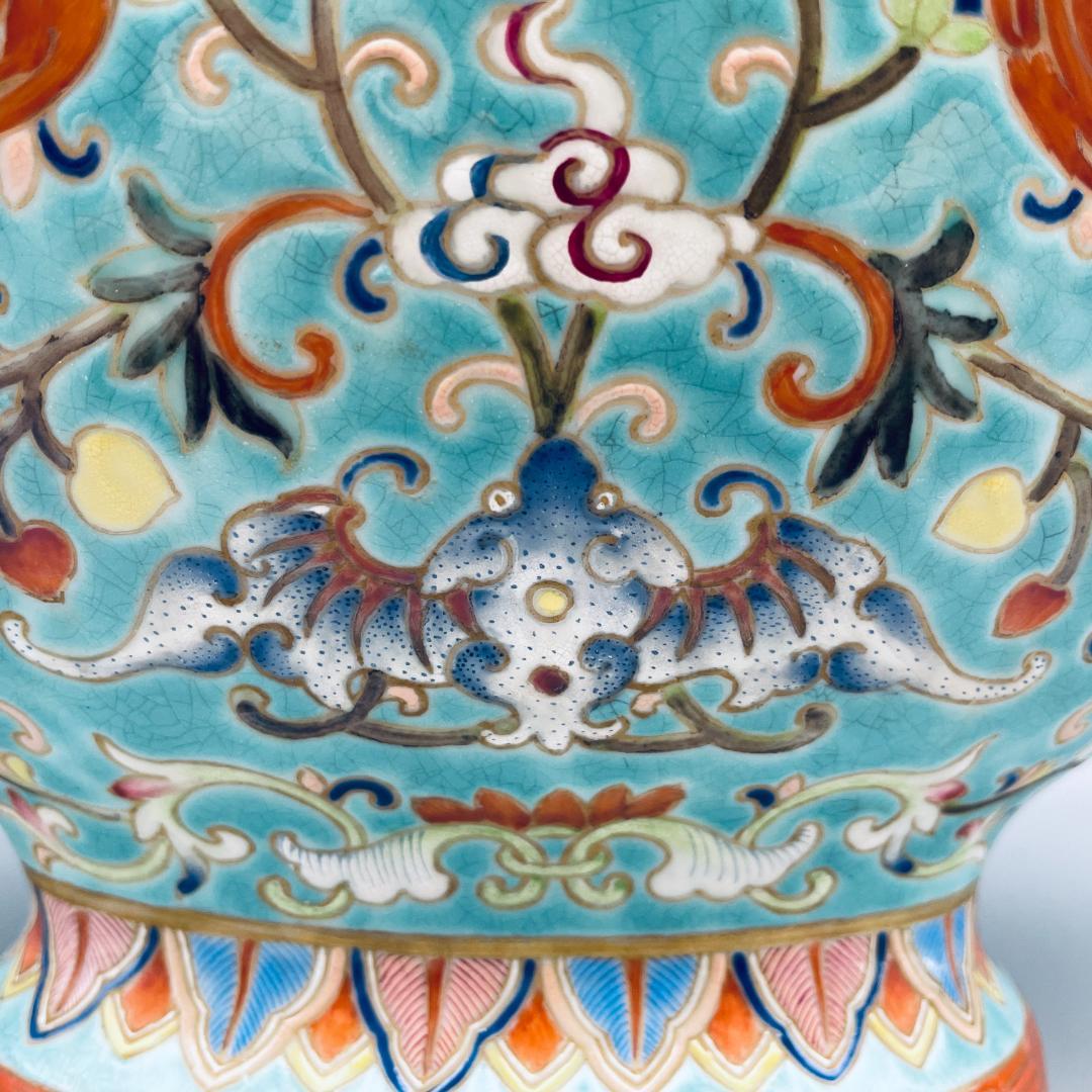 清】陶磁器 神獣紋 大清乾隆年製 粉彩双耳花瓶 中国美術 41cm 古杉箱入