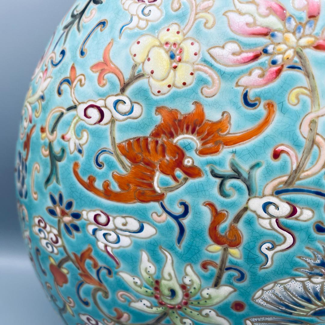 清】陶磁器 神獣紋 大清乾隆年製 粉彩双耳花瓶 中国美術 41cm 古杉箱入