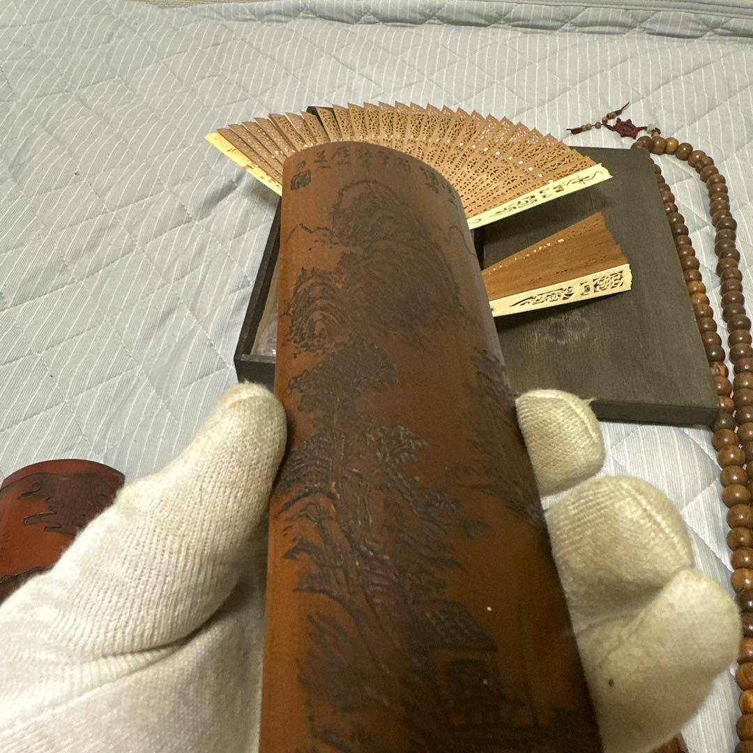 中国 日本時代物白檀念珠紫檀香筒竹彫 詩文 人物 山水 茶道具