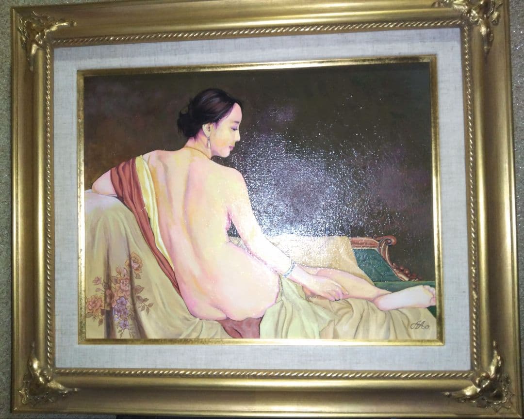 森本草介、絵画、美人画、油彩6号、裸婦、憩いの時、新品額縁、肉筆