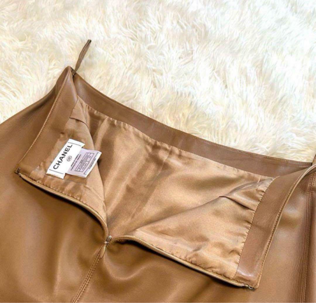 美品　シャネル　スカート　38 ブラウン系　ラムスキンレザー