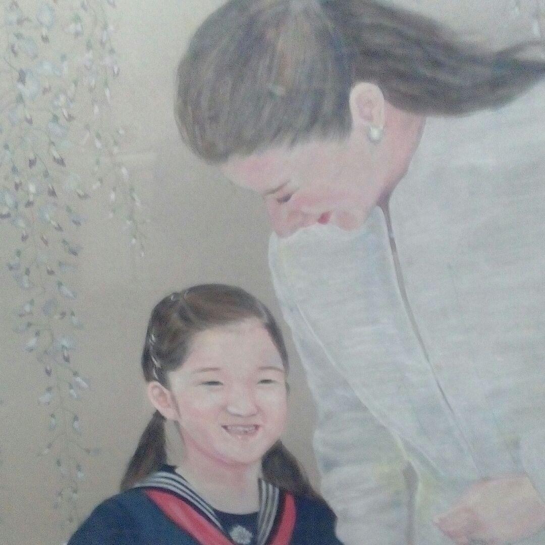 海外コレクター向天皇家雅子皇后様愛子内親王様縦７８X横６７センチ水彩画額装品