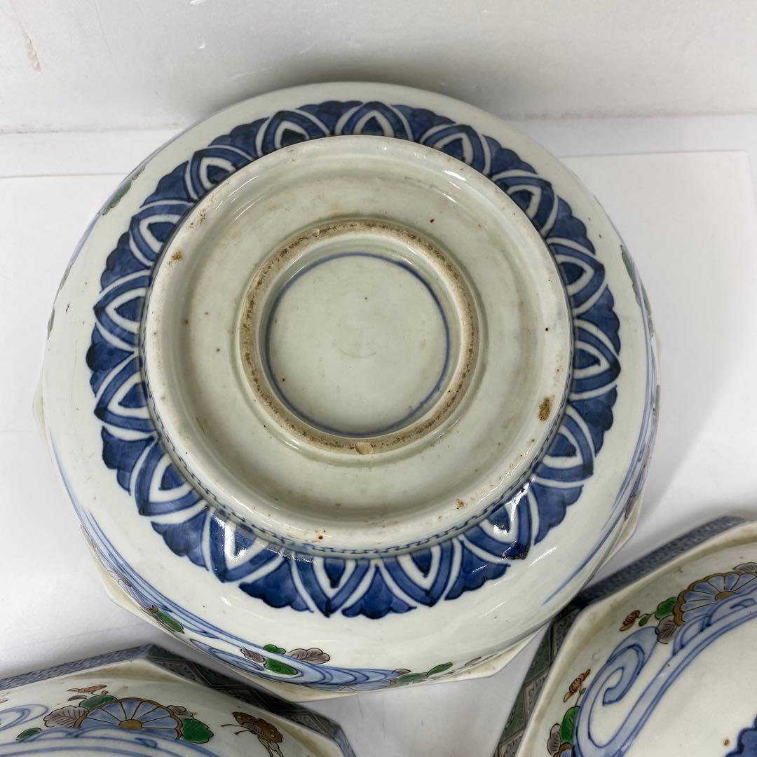 古伊万里 染錦 面取 鉢3点 麒麟図 タサコサ 東さ7-1124③