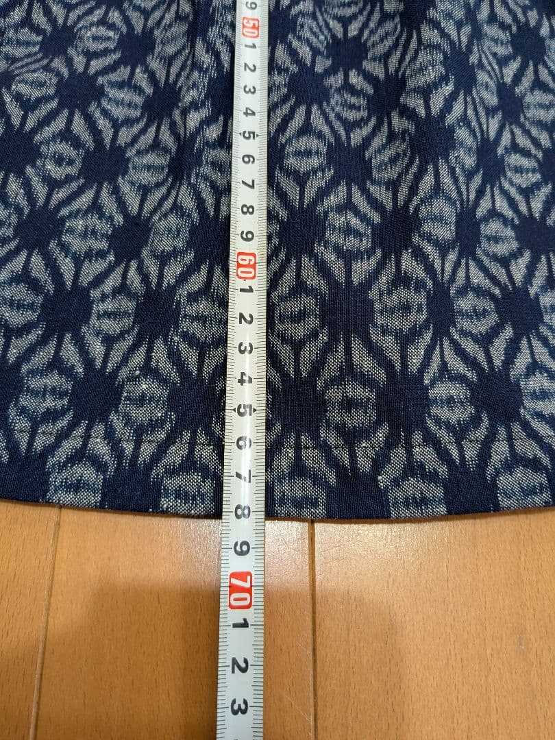 久留米絣　手織り　ネイビー フレアスカート 切り替え　藍暦　AIGOYOMI