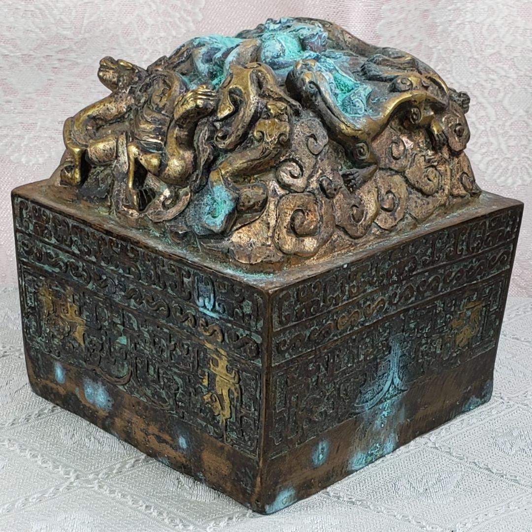 ◇『清朝 九龍 金銅璽（じ）：金銅印鑑』清朝時代皇帝印◇検）玉璽