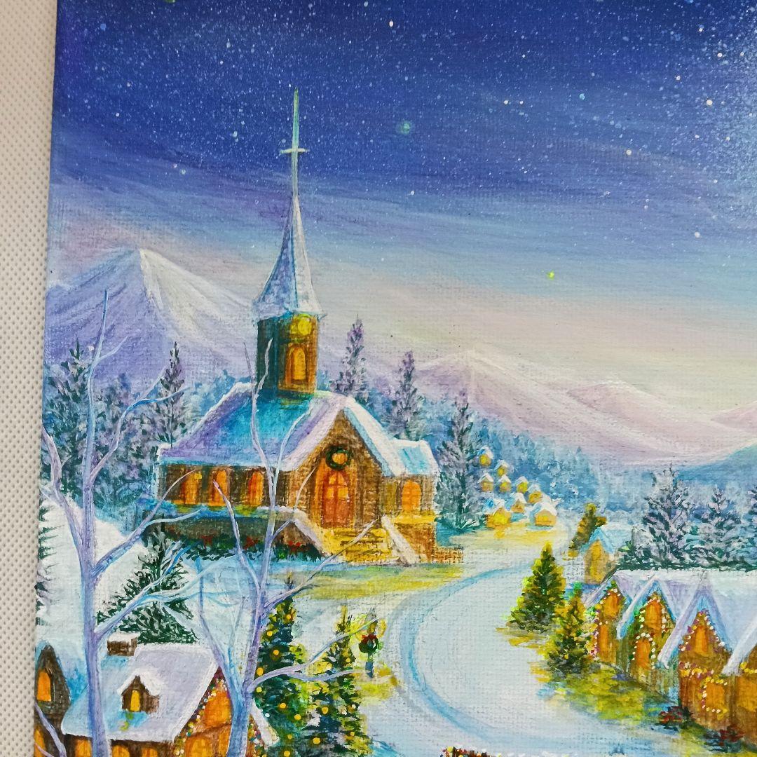 No.555 大きめF4 クリスマス 雪景色 冬景色 鹿 アクリル画 原画