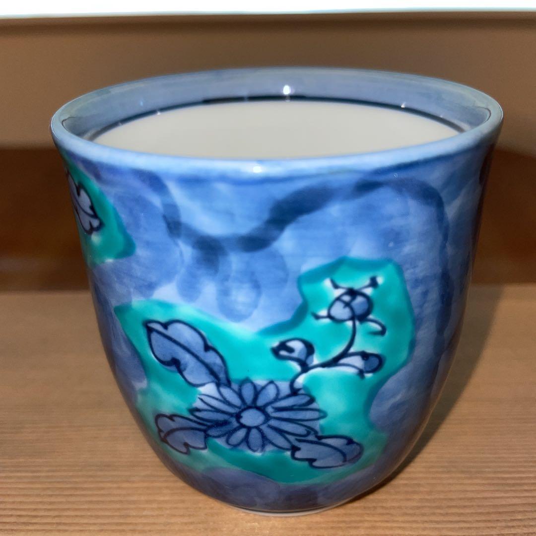 1716 源右衛門窯 青彩菊絵 茶器セット 急須1客 湯呑5客 未使用 【公式