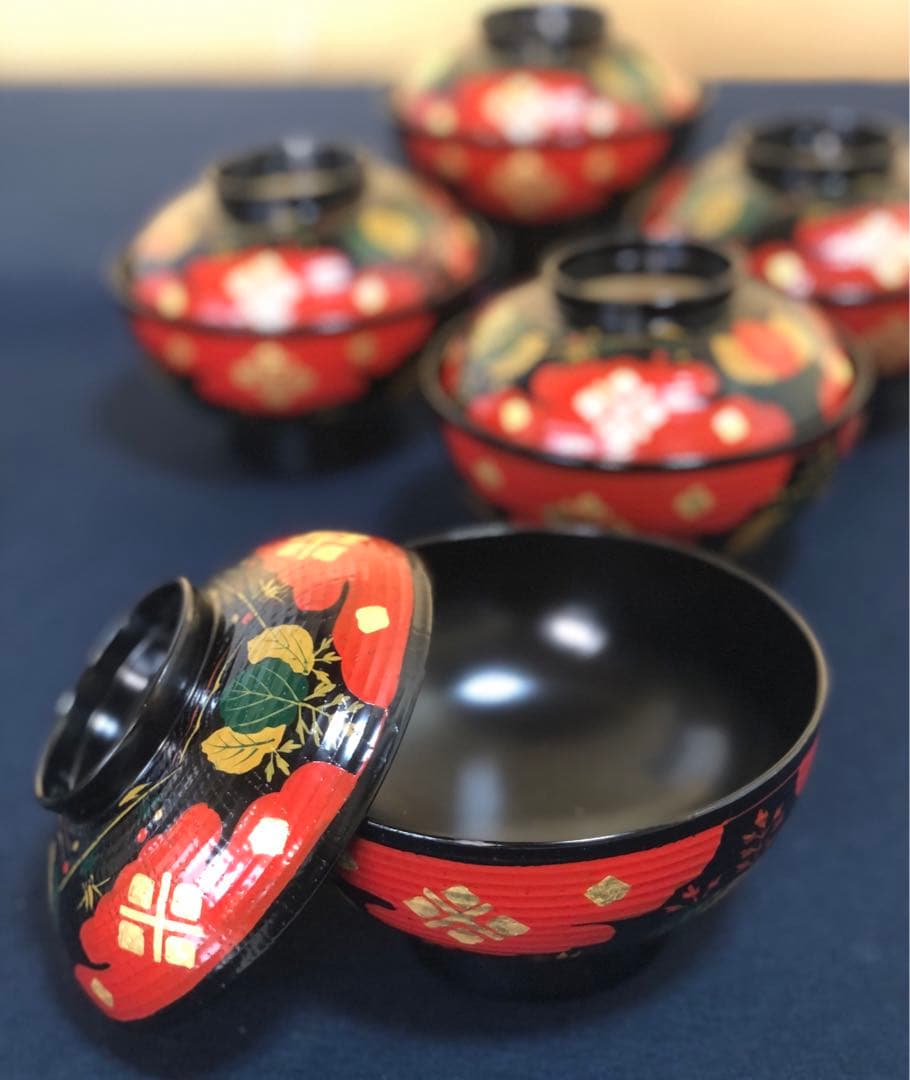 《レ》懐石 正法寺蒔絵 煮物椀5客 塗師 岡本陽斎 共箱 元箱 251125え6