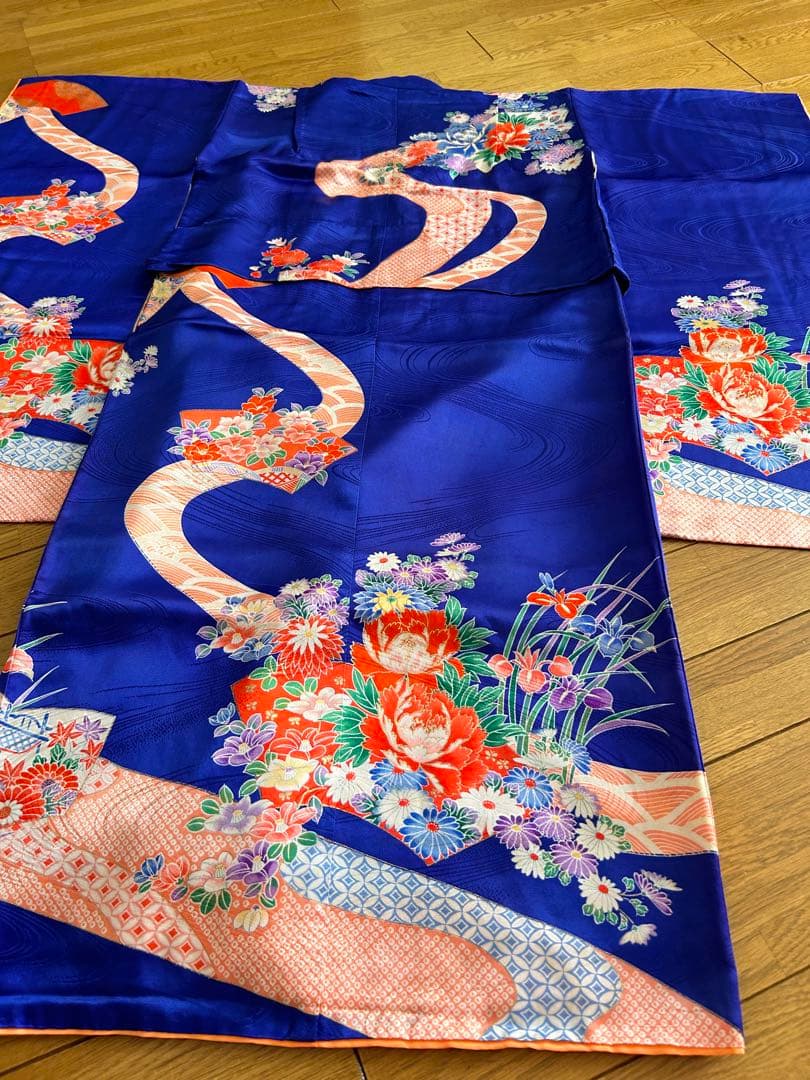 七五三　7歳　着物帯セット　正絹　レトロ　青色系