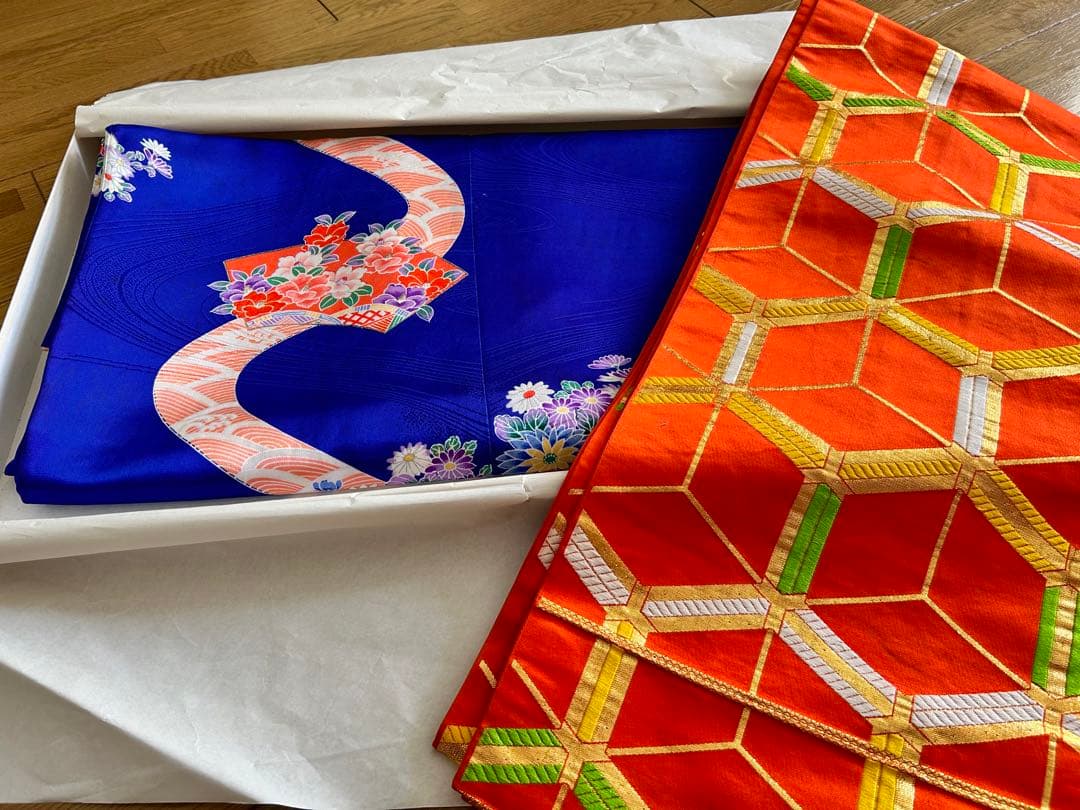 七五三　7歳　着物帯セット　正絹　レトロ　青色系