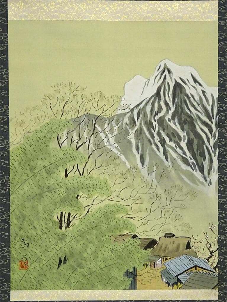 掛軸 岳雪『冬景山水図 雪景』日本画 絹本 肉筆 無地箱付 掛け軸